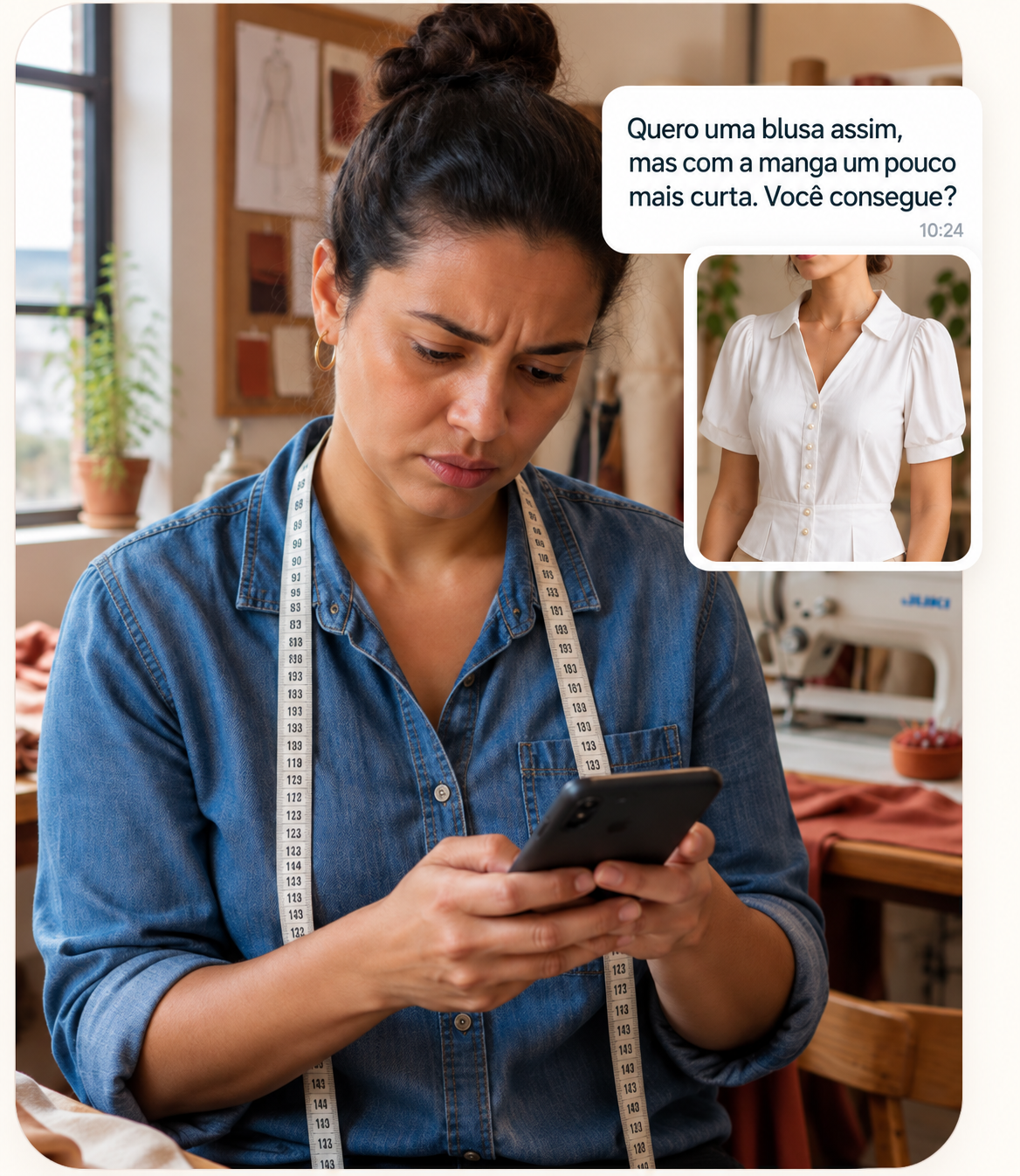 Costureira de camisa jeans olhando o celular, com mensagem da cliente e foto de uma blusa branca ao lado do rosto